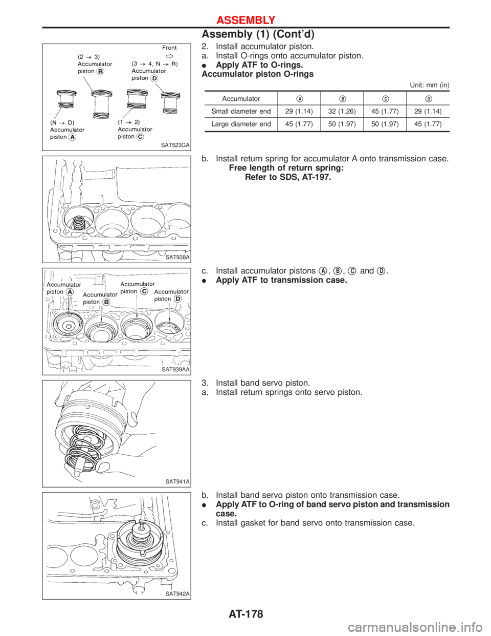 NISSAN TERRANO 2002  Service Repair Manual 2. Install accumulator piston.
a. Install O-rings onto accumulator piston.
IApply ATF to O-rings.
Accumulator piston O-rings
Unit: mm (in)
AccumulatorqAqBqCqD
Small diameter end 29 (1.14) 32 (1.26) 45