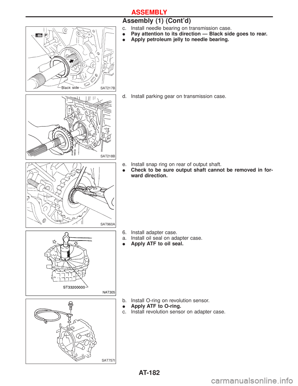 NISSAN TERRANO 2002  Service Repair Manual c. Install needle bearing on transmission case.
IPay attention to its direction Ð Black side goes to rear.
IApply petroleum jelly to needle bearing.
d. Install parking gear on transmission case.
e. I