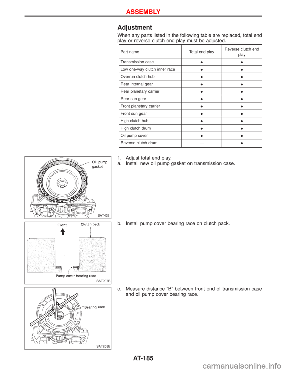 NISSAN TERRANO 2002  Service Repair Manual Adjustment
When any parts listed in the following table are replaced, total end
play or reverse clutch end play must be adjusted.
Part name Total end playReverse clutch end
play
Transmission caseII
Lo