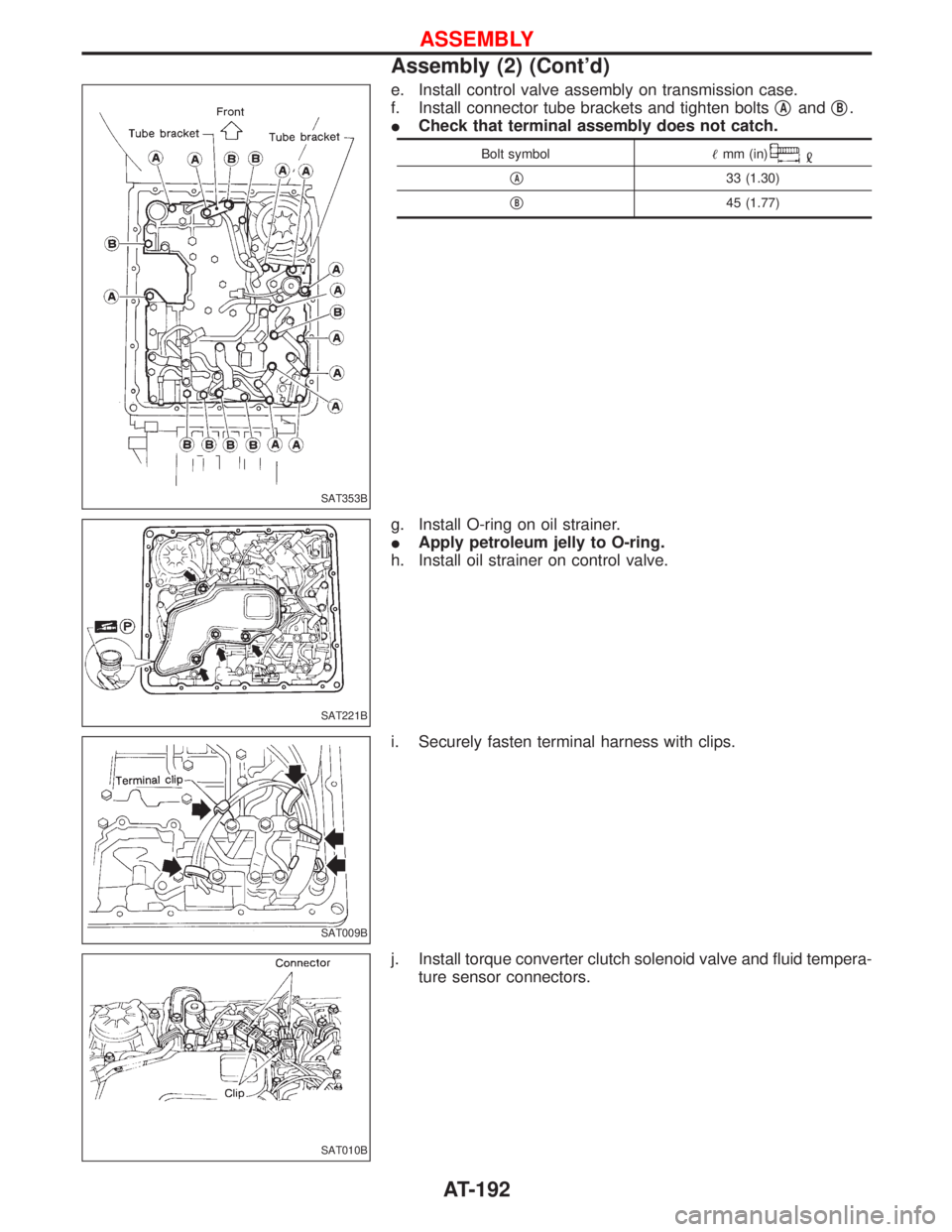 NISSAN TERRANO 2002  Service Repair Manual e. Install control valve assembly on transmission case.
f. Install connector tube brackets and tighten boltsq
AandqB.
ICheck that terminal assembly does not catch.
Bolt symbolmm (in)
qA33 (1.30)
q
B4