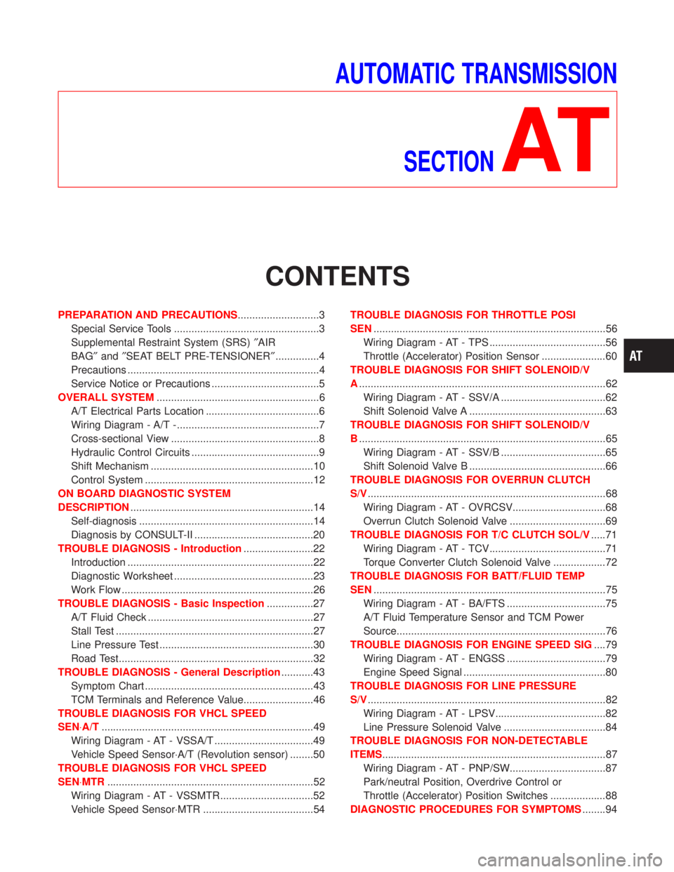 NISSAN TERRANO 2002  Service Repair Manual AUTOMATIC TRANSMISSION
SECTION
AT
CONTENTS
PREPARATION AND PRECAUTIONS............................3
Special Service Tools ..................................................3
Supplemental Restraint Sys