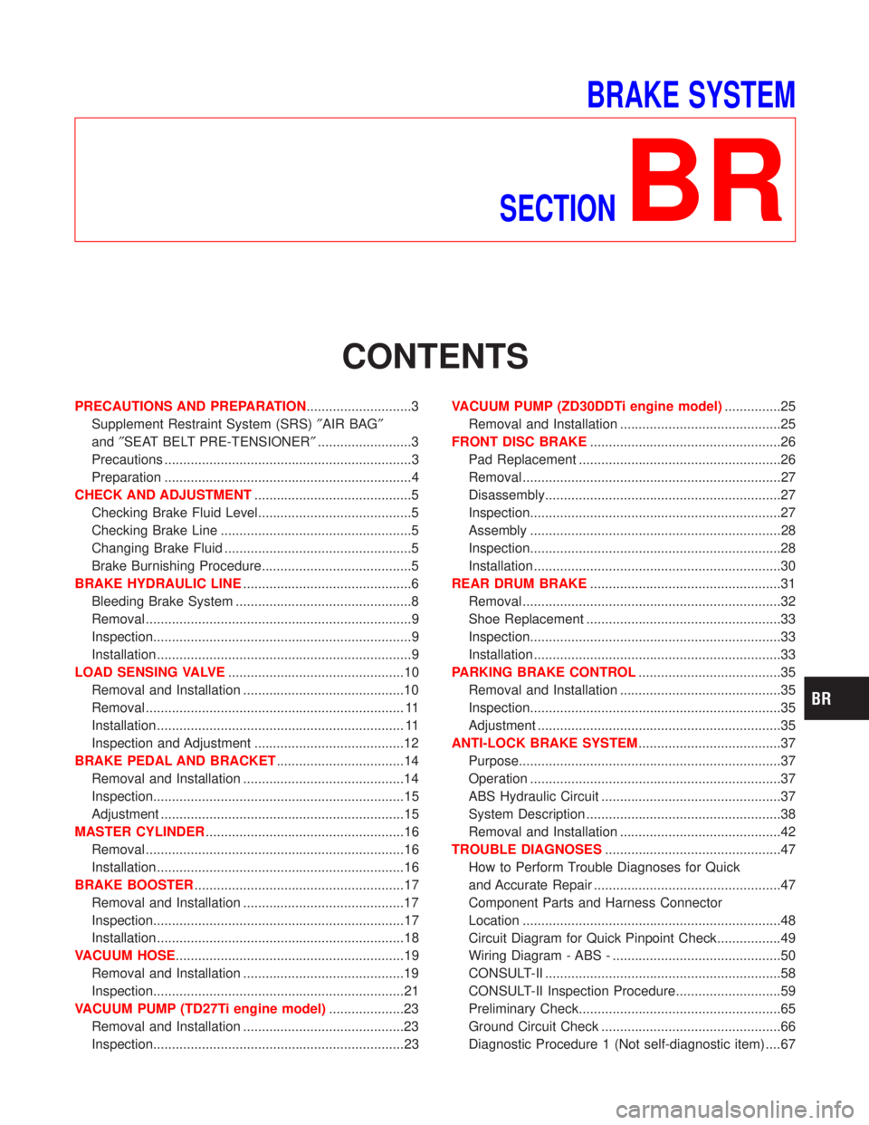 NISSAN TERRANO 2002 Service Repair Manual BRAKE SYSTEM
SECTION
BR
CONTENTS
PRECAUTIONS AND PREPARATION............................3
Supplement Restraint System (SRS)²AIR BAG²
and²SEAT BELT PRE-TENSIONER².........................3
Precauti NISSAN TERRANO 2002 Service Repair Manual BRAKE SYSTEM
SECTION
BR
CONTENTS
PRECAUTIONS AND PREPARATION............................3
Supplement Restraint System (SRS)²AIR BAG²
and²SEAT BELT PRE-TENSIONER².........................3
Precauti