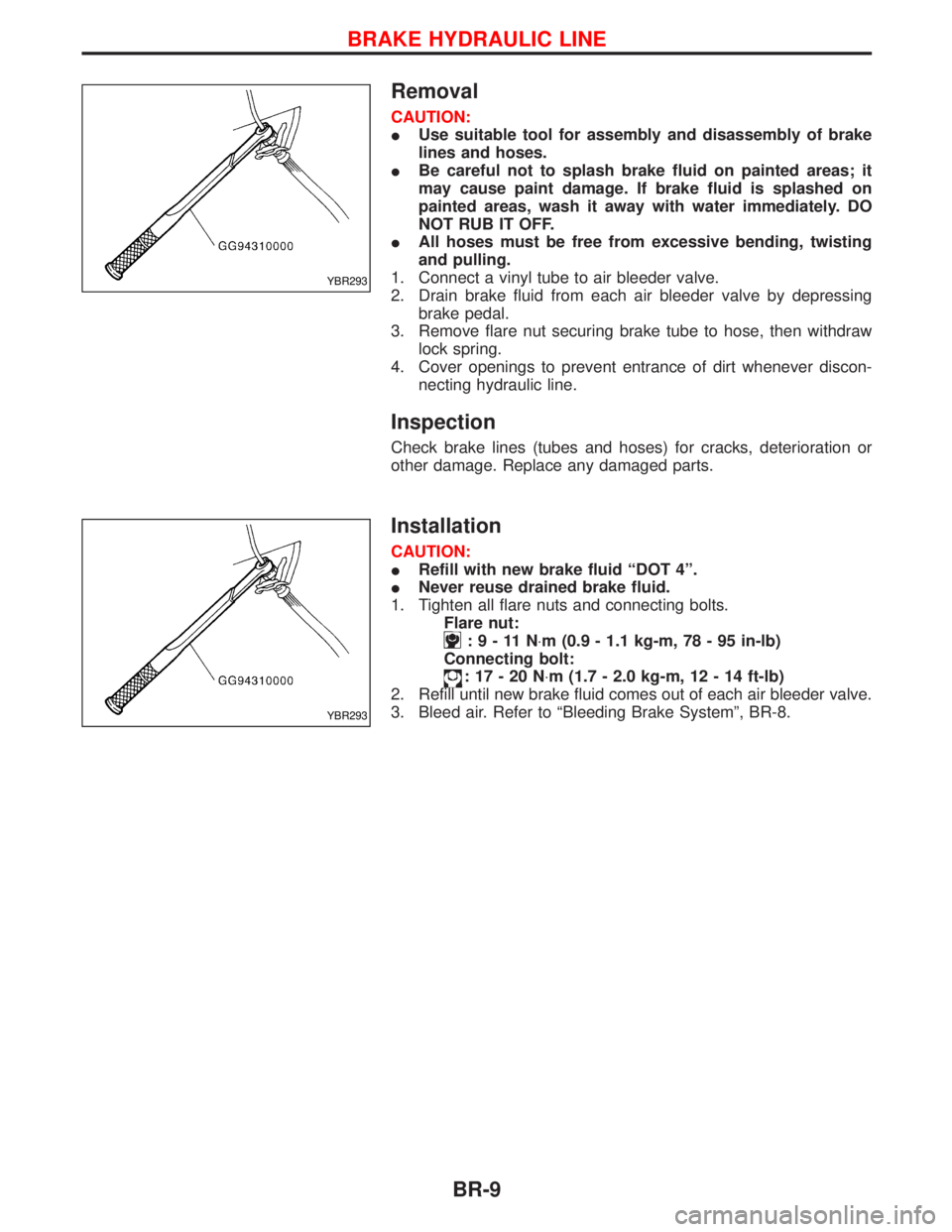 NISSAN TERRANO 2002 Service Repair Manual Removal
CAUTION:
IUse suitable tool for assembly and disassembly of brake
lines and hoses.
IBe careful not to splash brake fluid on painted areas; it
may cause paint damage. If brake fluid is splashed NISSAN TERRANO 2002 Service Repair Manual Removal
CAUTION:
IUse suitable tool for assembly and disassembly of brake
lines and hoses.
IBe careful not to splash brake fluid on painted areas; it
may cause paint damage. If brake fluid is splashed