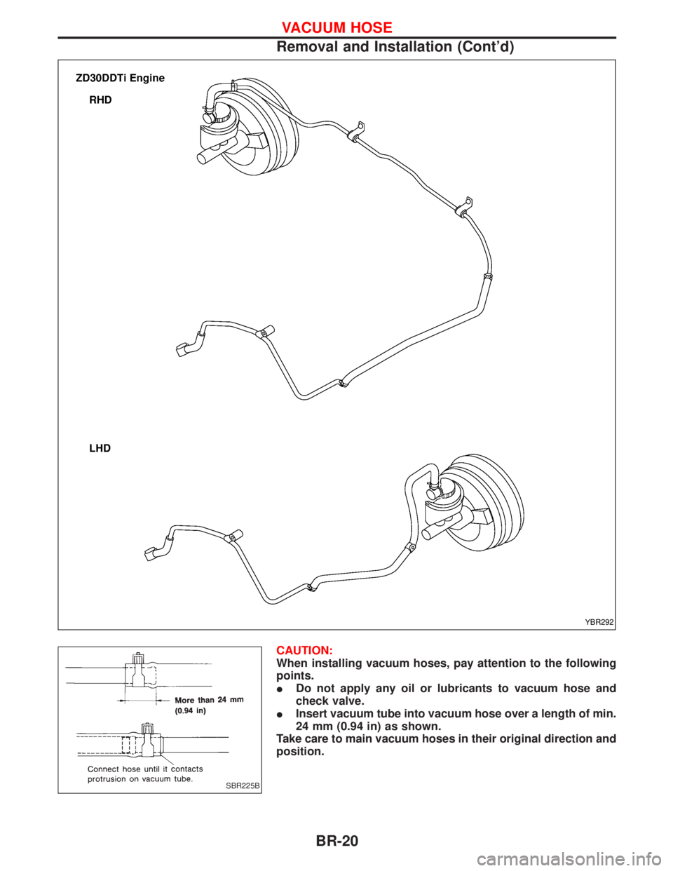 NISSAN TERRANO 2002  Service Repair Manual CAUTION:
When installing vacuum hoses, pay attention to the following
points.
IDo not apply any oil or lubricants to vacuum hose and
check valve.
IInsert vacuum tube into vacuum hose over a length of 