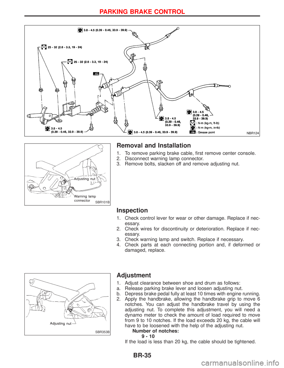 NISSAN TERRANO 2002 Service Repair Manual Removal and Installation
1. To remove parking brake cable, first remove center console.
2. Disconnect warning lamp connector.
3. Remove bolts, slacken off and remove adjusting nut.
Inspection
1. Check NISSAN TERRANO 2002 Service Repair Manual Removal and Installation
1. To remove parking brake cable, first remove center console.
2. Disconnect warning lamp connector.
3. Remove bolts, slacken off and remove adjusting nut.
Inspection
1. Check
