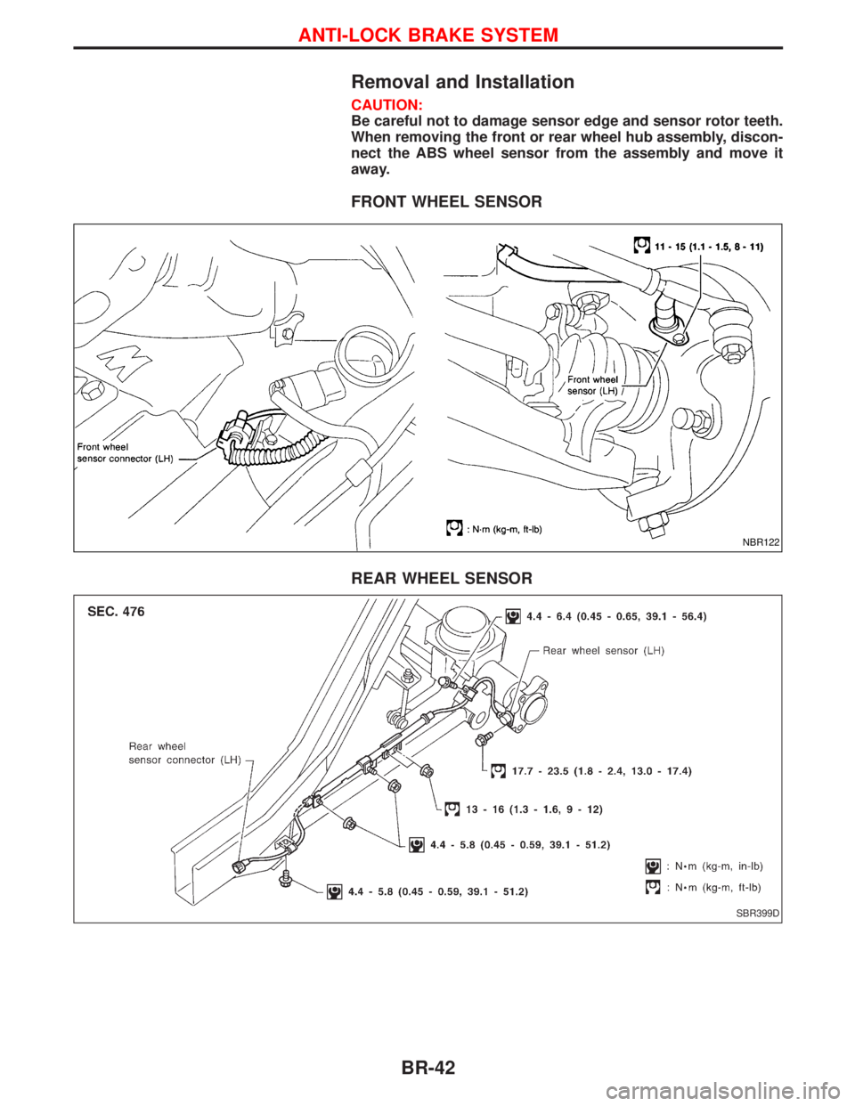 NISSAN TERRANO 2002  Service Repair Manual Removal and Installation
CAUTION:
Be careful not to damage sensor edge and sensor rotor teeth.
When removing the front or rear wheel hub assembly, discon-
nect the ABS wheel sensor from the assembly a