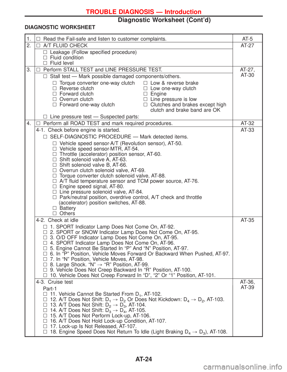 NISSAN TERRANO 2002  Service Repair Manual DIAGNOSTIC WORKSHEET
1.lRead the Fail-safe and listen to customer complaints. AT-5
2.lA/T FLUID CHECK AT-27
lLeakage (Follow specified procedure)
lFluid condition
lFluid level
3.lPerform STALL TEST an