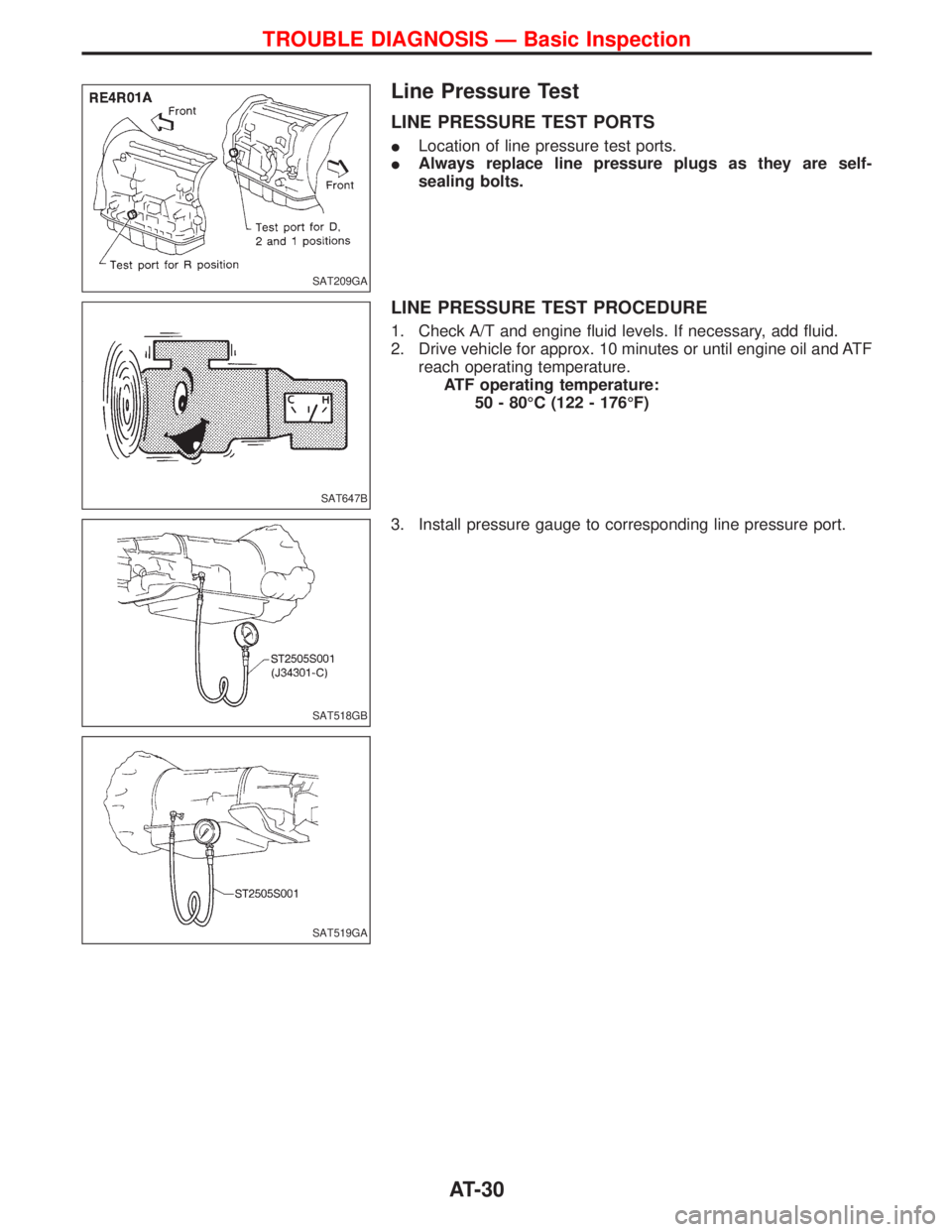 NISSAN TERRANO 2002  Service Repair Manual Line Pressure Test
LINE PRESSURE TEST PORTS
ILocation of line pressure test ports.
IAlways replace line pressure plugs as they are self-
sealing bolts.
LINE PRESSURE TEST PROCEDURE
1. Check A/T and en