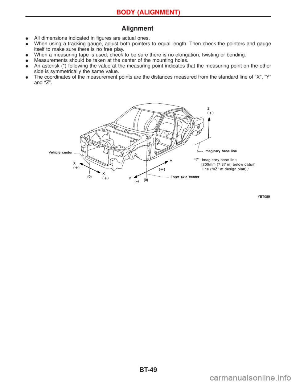 NISSAN TERRANO 2002  Service Repair Manual Alignment
IAll dimensions indicated in figures are actual ones.
IWhen using a tracking gauge, adjust both pointers to equal length. Then check the pointers and gauge
itself to make sure there is no fr