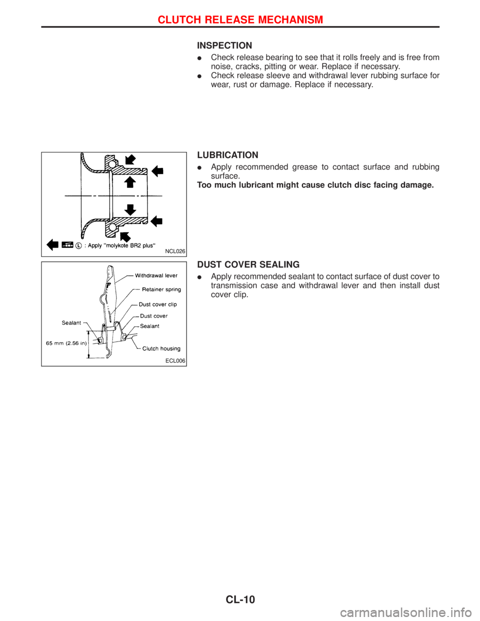 NISSAN TERRANO 2002  Service Repair Manual INSPECTION
ICheck release bearing to see that it rolls freely and is free from
noise, cracks, pitting or wear. Replace if necessary.
ICheck release sleeve and withdrawal lever rubbing surface for
wear