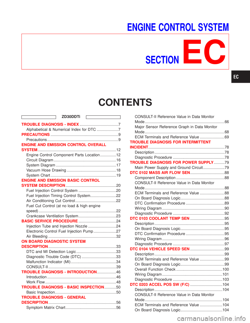 NISSAN TERRANO 2002 Service Repair Manual ENGINE CONTROL SYSTEM
SECTION
EC
CONTENTS
ZD30DDTi
TROUBLE DIAGNOSIS - INDEX....................................7
Alphabetical & Numerical Index for DTC ....................7
PRECAUTIONS.............. NISSAN TERRANO 2002 Service Repair Manual ENGINE CONTROL SYSTEM
SECTION
EC
CONTENTS
ZD30DDTi
TROUBLE DIAGNOSIS - INDEX....................................7
Alphabetical & Numerical Index for DTC ....................7
PRECAUTIONS..............