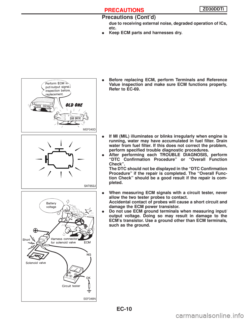 NISSAN TERRANO 2002 Service Repair Manual due to receiving external noise, degraded operation of ICs,
etc.
IKeep ECM parts and harnesses dry.
IBefore replacing ECM, perform Terminals and Reference
Value inspection and make sure ECM functions NISSAN TERRANO 2002 Service Repair Manual due to receiving external noise, degraded operation of ICs,
etc.
IKeep ECM parts and harnesses dry.
IBefore replacing ECM, perform Terminals and Reference
Value inspection and make sure ECM functions
