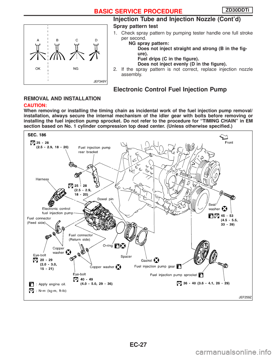 NISSAN TERRANO 2002 Service Repair Manual Spray pattern test
1. Check spray pattern by pumping tester handle one full stroke
per second.
NG spray pattern:
Does not inject straight and strong (B in the fig-
ure).
Fuel drips (C in the figure).
NISSAN TERRANO 2002 Service Repair Manual Spray pattern test
1. Check spray pattern by pumping tester handle one full stroke
per second.
NG spray pattern:
Does not inject straight and strong (B in the fig-
ure).
Fuel drips (C in the figure).