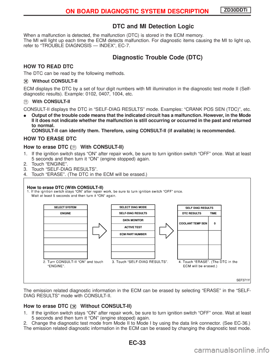NISSAN TERRANO 2002  Service Repair Manual DTC and MI Detection Logic
When a malfunction is detected, the malfunction (DTC) is stored in the ECM memory.
The MI will light up each time the ECM detects malfunction. For diagnostic items causing t