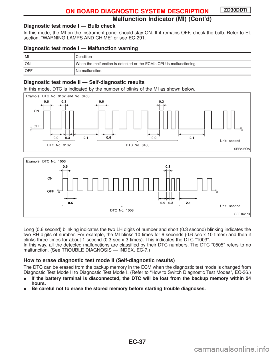 NISSAN TERRANO 2002  Service Repair Manual Diagnostic test mode I Ð Bulb check
In this mode, the MI on the instrument panel should stay ON. If it remains OFF, check the bulb. Refer to EL
section, ªWARNING LAMPS AND CHIMEº or see EC-291.
Dia