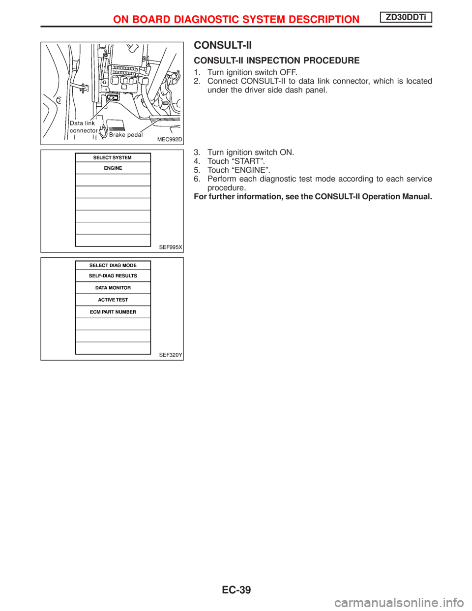 NISSAN TERRANO 2002 Service Repair Manual CONSULT-II
CONSULT-II INSPECTION PROCEDURE
1. Turn ignition switch OFF.
2. Connect CONSULT-II to data link connector, which is located
under the driver side dash panel.
3. Turn ignition switch ON.
4. NISSAN TERRANO 2002 Service Repair Manual CONSULT-II
CONSULT-II INSPECTION PROCEDURE
1. Turn ignition switch OFF.
2. Connect CONSULT-II to data link connector, which is located
under the driver side dash panel.
3. Turn ignition switch ON.
4.