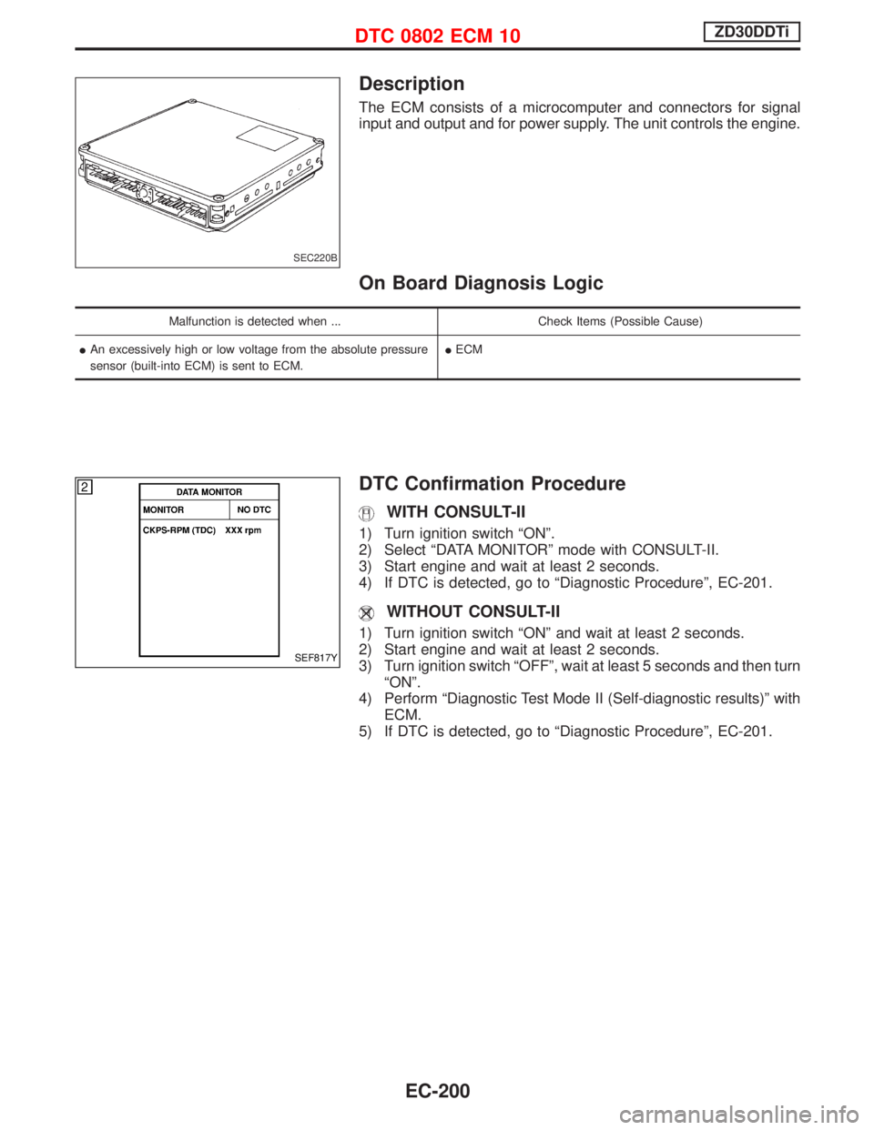 NISSAN TERRANO 2002  Service Repair Manual Description
The ECM consists of a microcomputer and connectors for signal
input and output and for power supply. The unit controls the engine.
On Board Diagnosis Logic
Malfunction is detected when ...