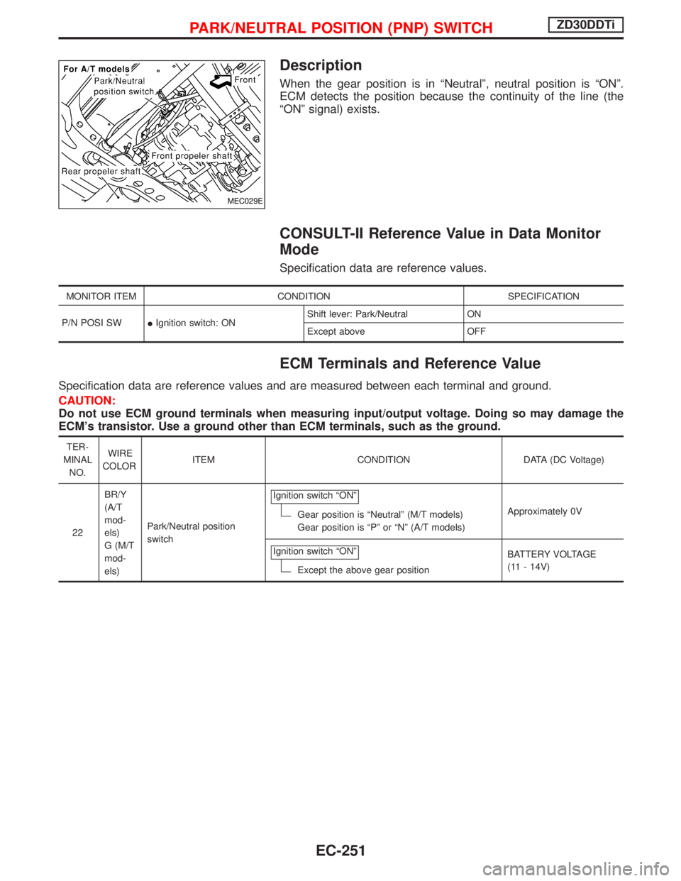 NISSAN TERRANO 2002  Service Repair Manual Description
When the gear position is in ªNeutralº, neutral position is ªONº.
ECM detects the position because the continuity of the line (the
ªONº signal) exists.
CONSULT-II Reference Value in 