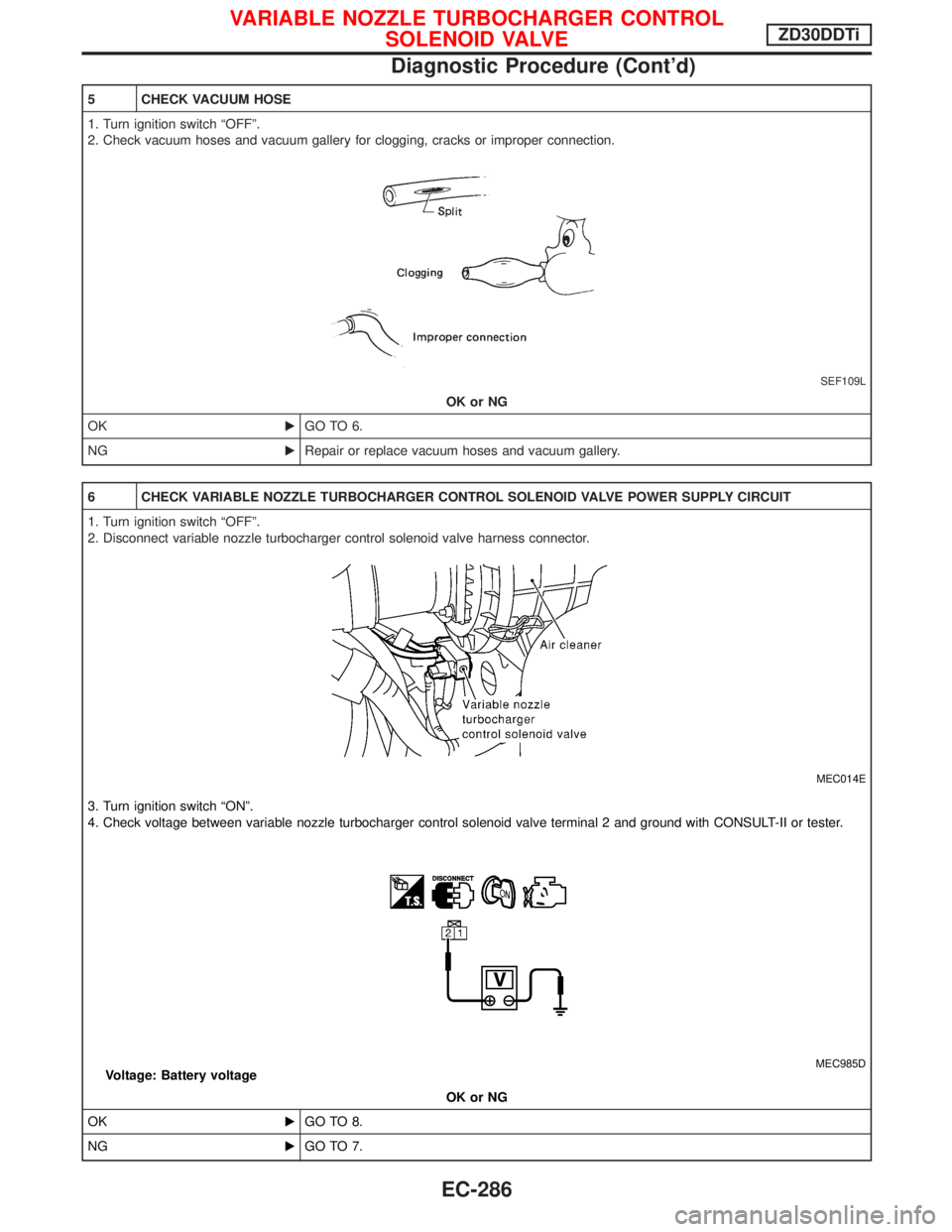 NISSAN TERRANO 2002  Service Repair Manual 5 CHECK VACUUM HOSE
1. Turn ignition switch ªOFFº.
2. Check vacuum hoses and vacuum gallery for clogging, cracks or improper connection.
SEF109L
OK or NG
OKEGO TO 6.
NGERepair or replace vacuum hose