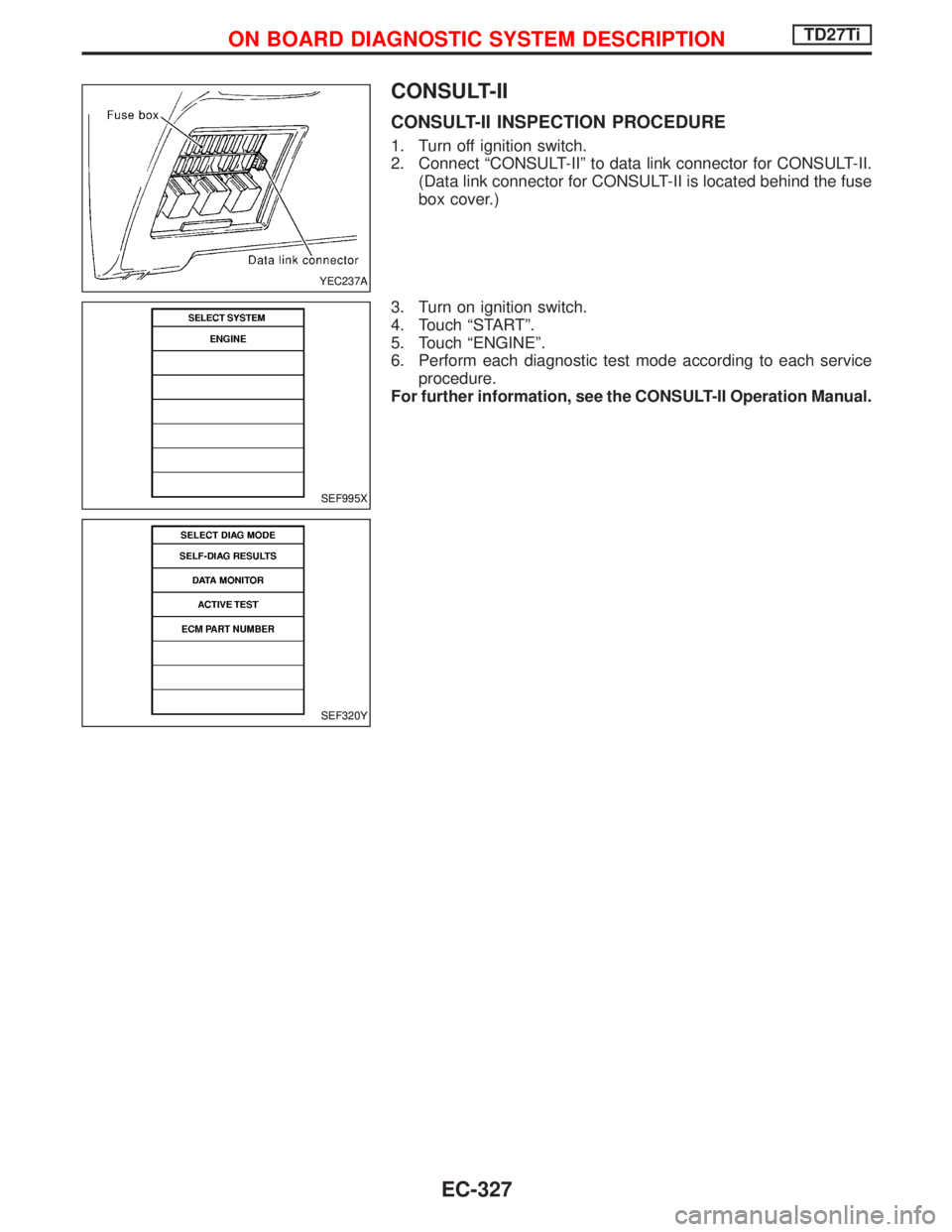 NISSAN TERRANO 2002 Service Repair Manual CONSULT-II
CONSULT-II INSPECTION PROCEDURE
1. Turn off ignition switch.
2. Connect ªCONSULT-IIº to data link connector for CONSULT-II.
(Data link connector for CONSULT-II is located behind the fuse
NISSAN TERRANO 2002 Service Repair Manual CONSULT-II
CONSULT-II INSPECTION PROCEDURE
1. Turn off ignition switch.
2. Connect ªCONSULT-IIº to data link connector for CONSULT-II.
(Data link connector for CONSULT-II is located behind the fuse