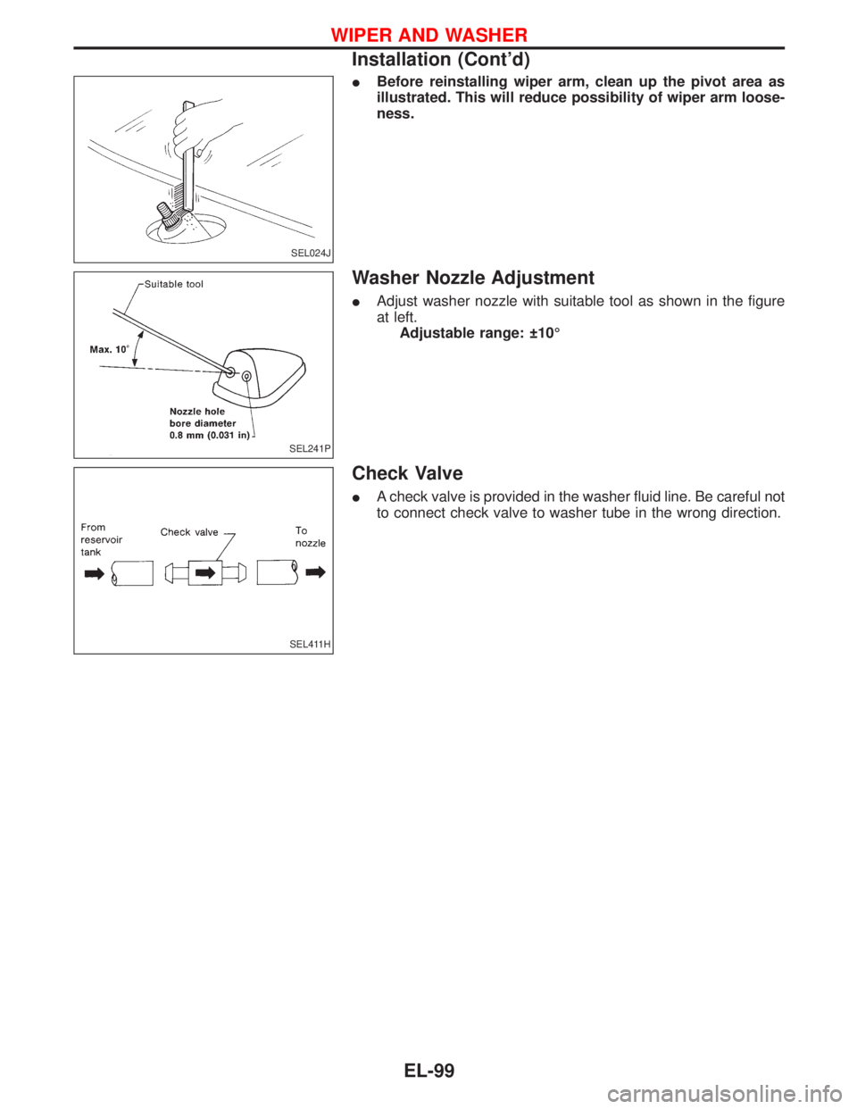 NISSAN TERRANO 2002 Service Repair Manual IBefore reinstalling wiper arm, clean up the pivot area as
illustrated. This will reduce possibility of wiper arm loose-
ness.
Washer Nozzle Adjustment
IAdjust washer nozzle with suitable tool as show NISSAN TERRANO 2002 Service Repair Manual IBefore reinstalling wiper arm, clean up the pivot area as
illustrated. This will reduce possibility of wiper arm loose-
ness.
Washer Nozzle Adjustment
IAdjust washer nozzle with suitable tool as show