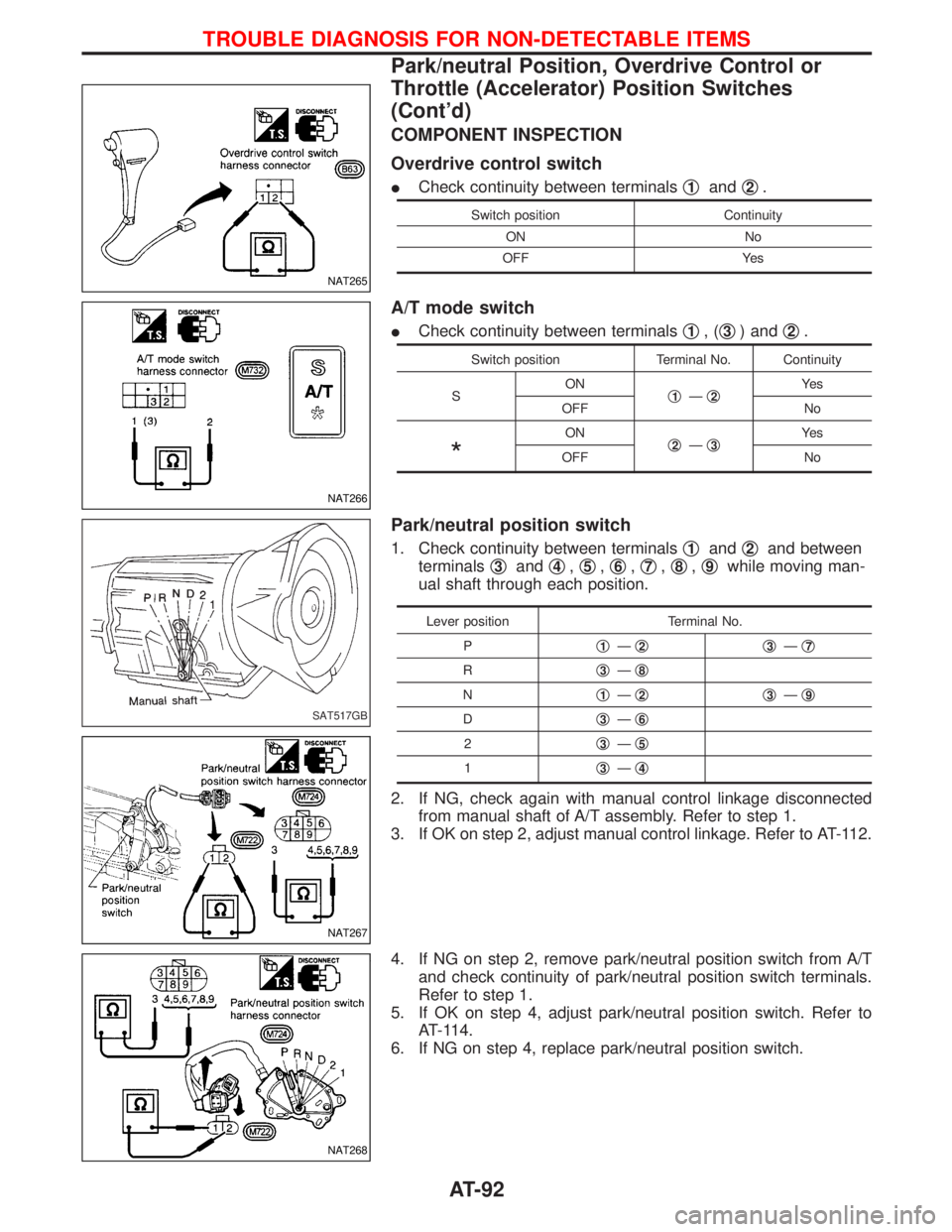 NISSAN TERRANO 2002  Service Owners Manual COMPONENT INSPECTION
Overdrive control switch
ICheck continuity between terminalsq1andq2.
Switch position Continuity
ON No
OFF Yes
A/T mode switch
ICheck continuity between terminalsq1,(q3) andq2.
Swi