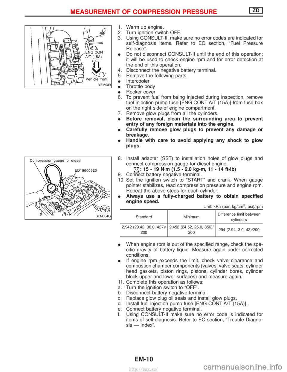 NISSAN TERRANO 2004  Service Repair Manual 1. Warm up engine.
2. Turn ignition switch OFF.
3. Using CONSULT-II, make sure no error codes are indicated forself-diagnosis items. Refer to EC section, ªFuel Pressure
Releaseº.
I Do not disconnect