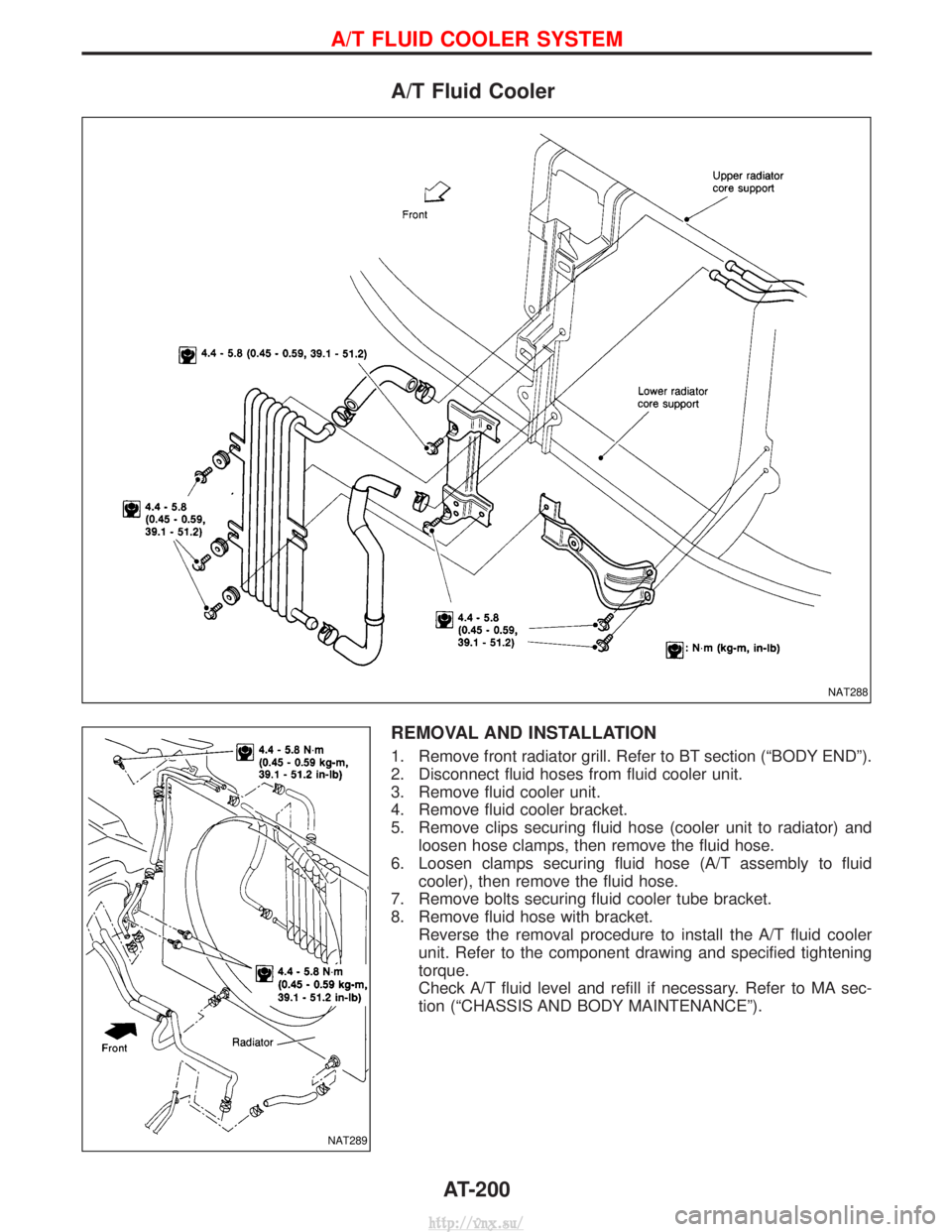 NISSAN TERRANO 2004  Service Repair Manual A/T Fluid Cooler
REMOVAL AND INSTALLATION
1. Remove front radiator grill. Refer to BT section (ªBODY ENDº).
2. Disconnect fluid hoses from fluid cooler unit.
3. Remove fluid cooler unit.
4. Remove f