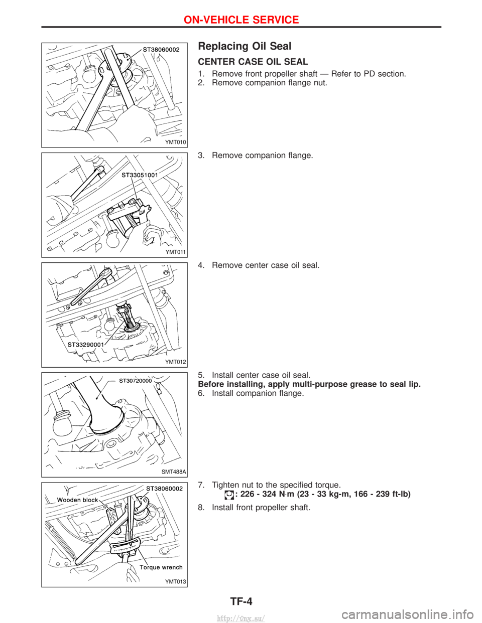 NISSAN TERRANO 2004  Service Repair Manual Replacing Oil Seal
CENTER CASE OIL SEAL
1. Remove front propeller shaft Ð Refer to PD section.
2. Remove companion flange nut.
3. Remove companion flange.
4. Remove center case oil seal.
5. Install c