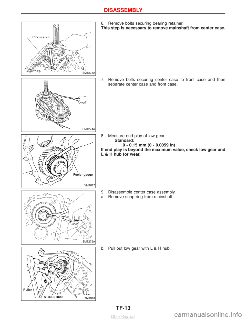 NISSAN TERRANO 2004  Service Repair Manual 6. Remove bolts securing bearing retainer.
This step is necessary to remove mainshaft from center case.
7. Remove bolts securing center case to front case and thenseparate center case and front case.
