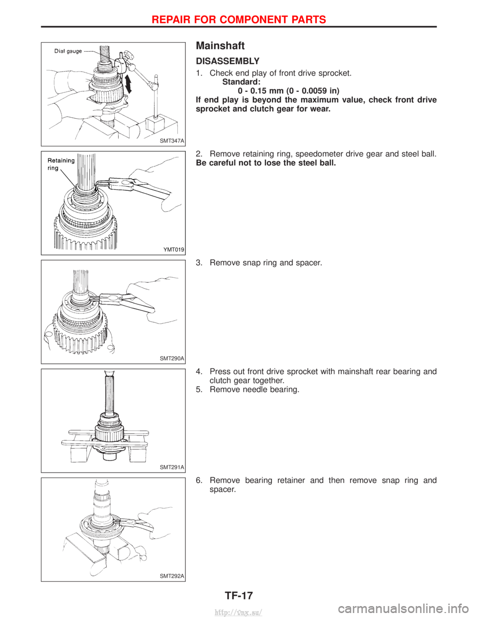 NISSAN TERRANO 2004  Service Repair Manual Mainshaft
DISASSEMBLY
1. Check end play of front drive sprocket.Standard:0 - 0.15 mm (0 - 0.0059 in)
If end play is beyond the maximum value, check front drive
sprocket and clutch gear for wear.
2. Re