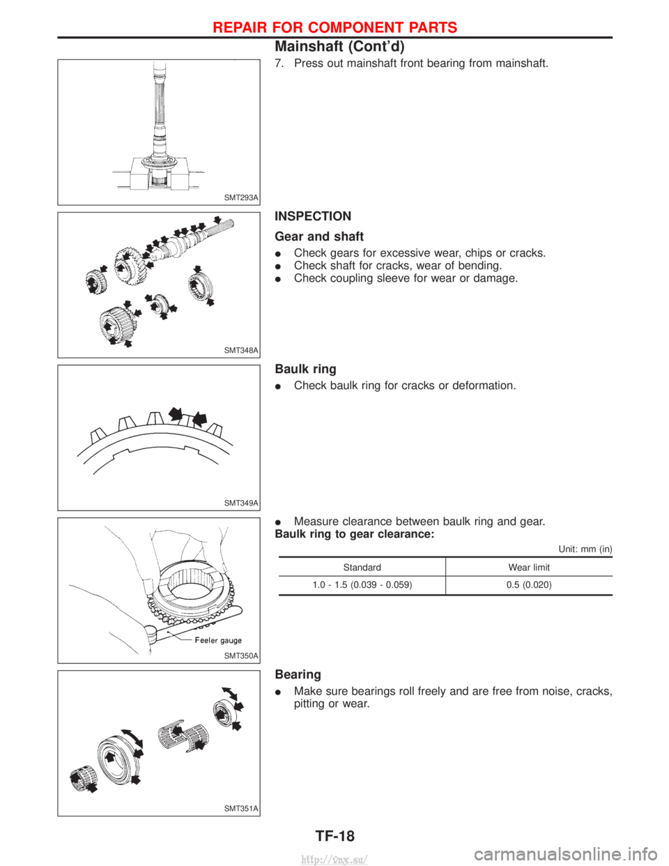 NISSAN TERRANO 2004  Service Repair Manual 7. Press out mainshaft front bearing from mainshaft.
INSPECTION
Gear and shaft
ICheck gears for excessive wear, chips or cracks.
I Check shaft for cracks, wear of bending.
I Check coupling sleeve for 
