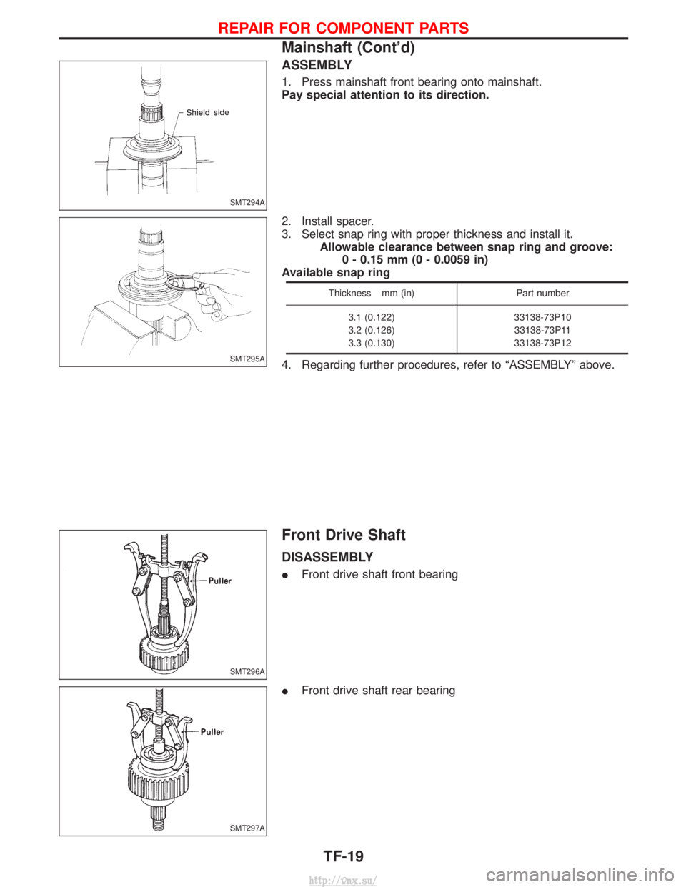 NISSAN TERRANO 2004  Service Repair Manual ASSEMBLY
1. Press mainshaft front bearing onto mainshaft.
Pay special attention to its direction.
2. Install spacer.
3. Select snap ring with proper thickness and install it.Allowable clearance betwee
