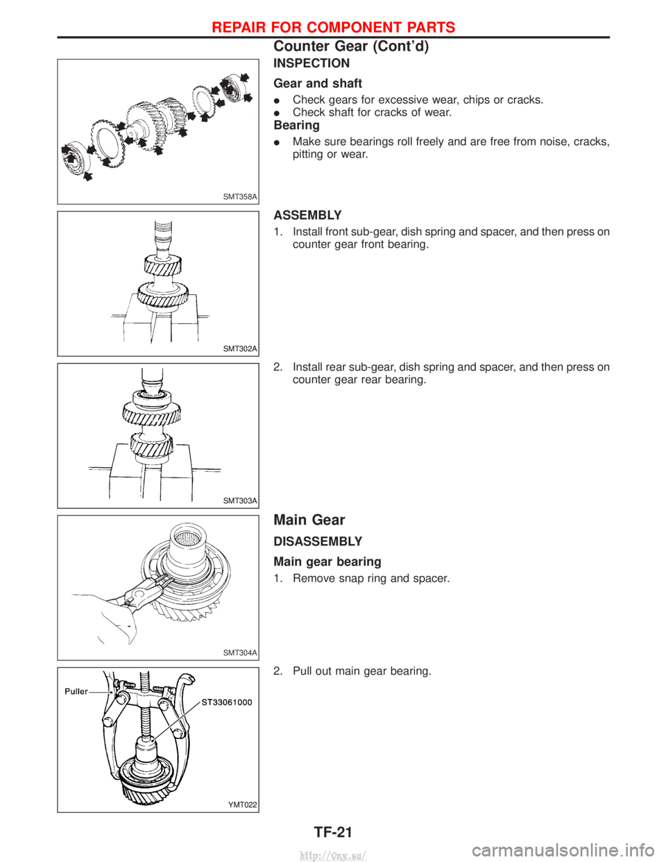 NISSAN TERRANO 2004  Service Repair Manual INSPECTION
Gear and shaft
ICheck gears for excessive wear, chips or cracks.
I Check shaft for cracks of wear.
Bearing
IMake sure bearings roll freely and are free from noise, cracks,
pitting or wear.
