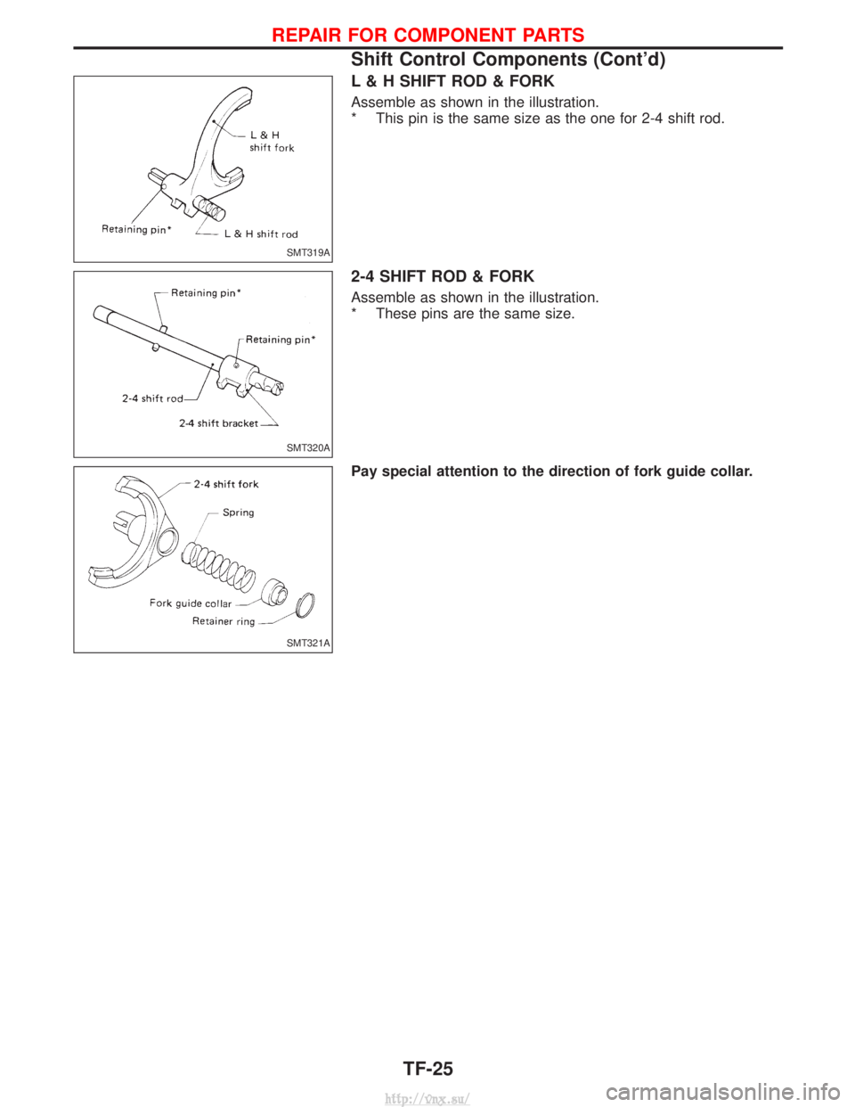 NISSAN TERRANO 2004  Service Repair Manual L & H SHIFT ROD & FORK
Assemble as shown in the illustration.
* This pin is the same size as the one for 2-4 shift rod.
2-4 SHIFT ROD & FORK
Assemble as shown in the illustration.
* These pins are the