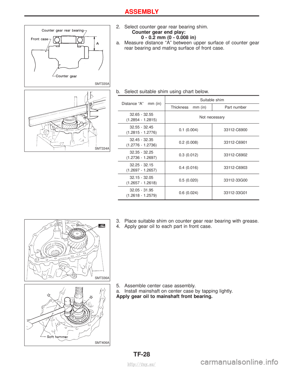 NISSAN TERRANO 2004  Service Repair Manual 2. Select counter gear rear bearing shim.Counter gear end play:0 - 0.2 mm (0 - 0.008 in)
a. Measure distance ªAº between upper surface of counter gear rear bearing and mating surface of front case.
