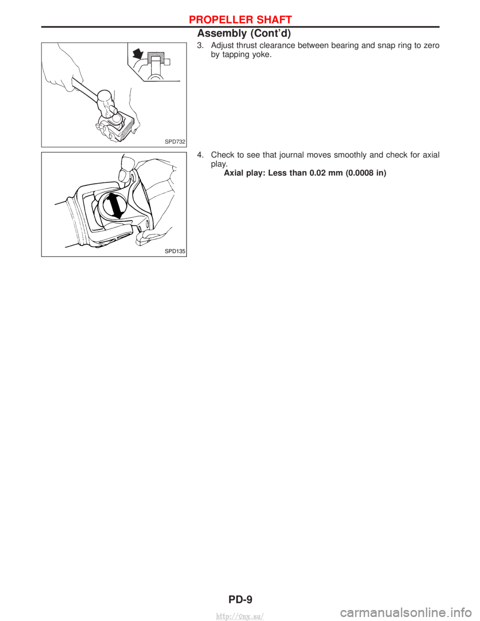 NISSAN TERRANO 2004  Service Repair Manual 3. Adjust thrust clearance between bearing and snap ring to zeroby tapping yoke.
4. Check to see that journal moves smoothly and check for axial play.Axial play: Less than 0.02 mm (0.0008 in)
SPD732
S