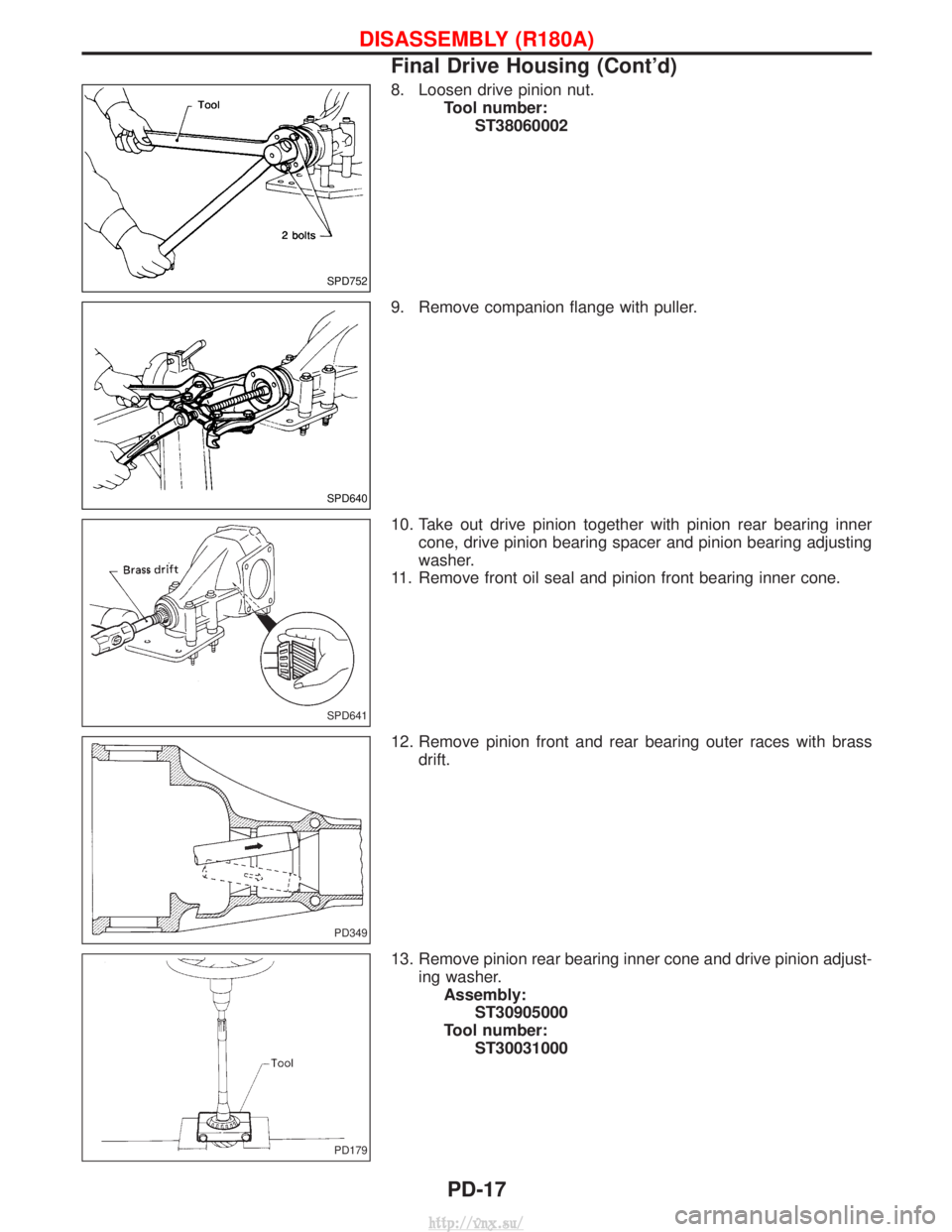 NISSAN TERRANO 2004  Service Repair Manual 8. Loosen drive pinion nut.Tool number:ST38060002
9. Remove companion flange with puller.
10. Take out drive pinion together with pinion rear bearing inner cone, drive pinion bearing spacer and pinion