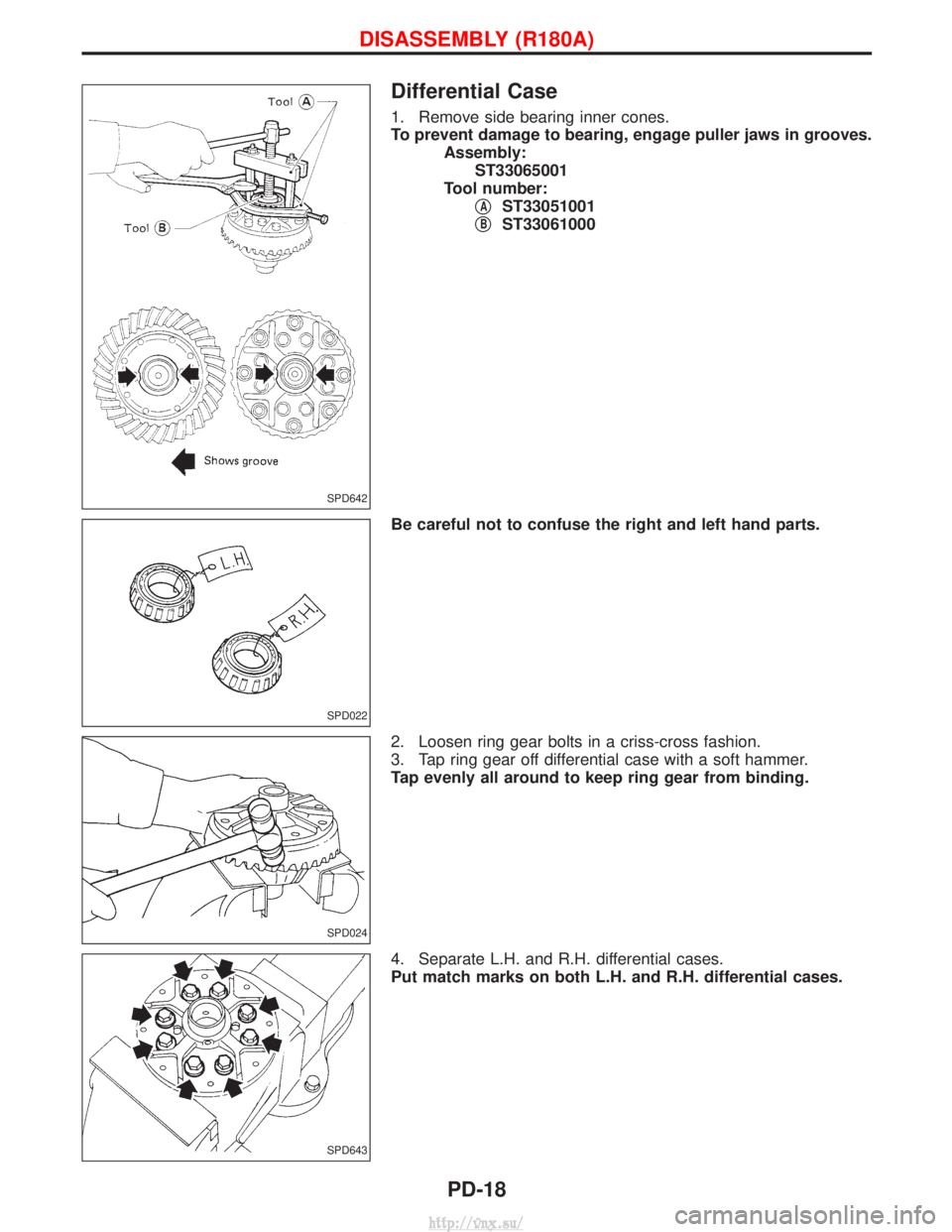NISSAN TERRANO 2004  Service Repair Manual Differential Case
1. Remove side bearing inner cones.
To prevent damage to bearing, engage puller jaws in grooves.Assembly:ST33065001
Tool number: q
AST33051001
q
BST33061000
Be careful not to confuse