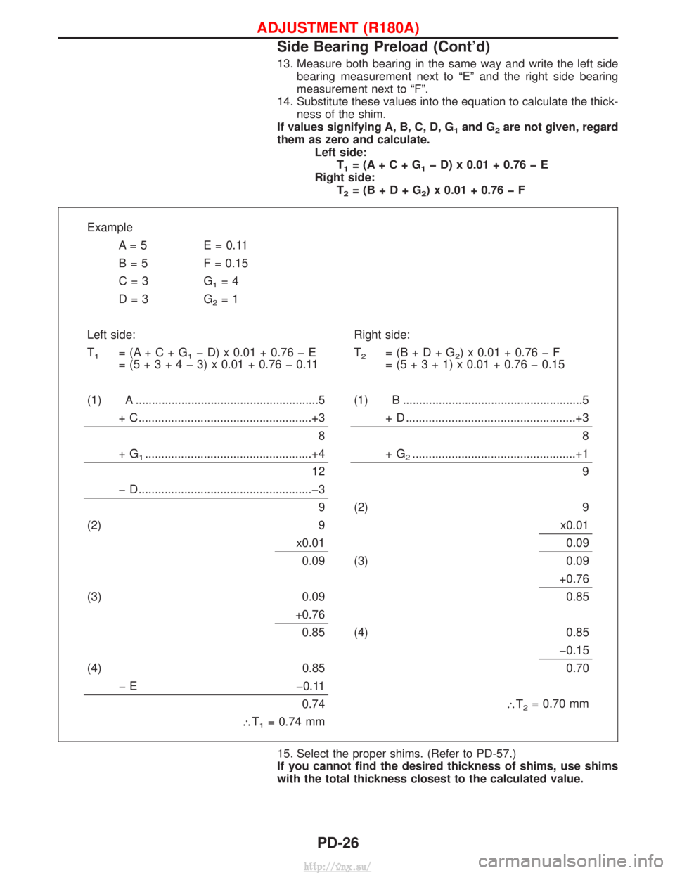 NISSAN TERRANO 2004 Service Repair Manual 13. Measure both bearing in the same way and write the left sidebearing measurement next to ªEº and the right side bearing
measurement next to ªFº.
14. Substitute these values into the equation to NISSAN TERRANO 2004 Service Repair Manual 13. Measure both bearing in the same way and write the left sidebearing measurement next to ªEº and the right side bearing
measurement next to ªFº.
14. Substitute these values into the equation to