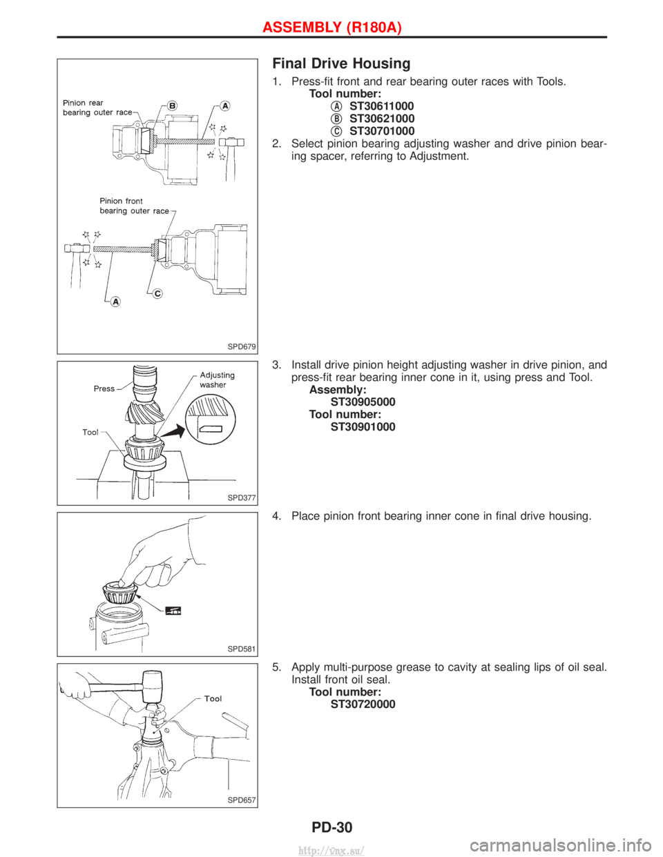 NISSAN TERRANO 2004  Service Repair Manual Final Drive Housing
1. Press-fit front and rear bearing outer races with Tools.Tool number:q
AST30611000
q
BST30621000
q
CST30701000
2. Select pinion bearing adjusting washer and drive pinion bear- in