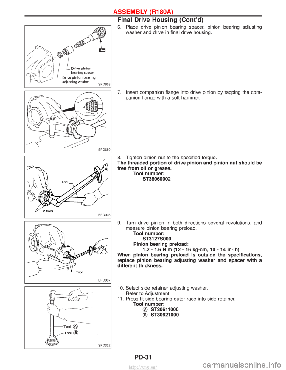 NISSAN TERRANO 2004  Service Repair Manual 6. Place drive pinion bearing spacer, pinion bearing adjustingwasher and drive in final drive housing.
7. Insert companion flange into drive pinion by tapping the com- panion flange with a soft hammer