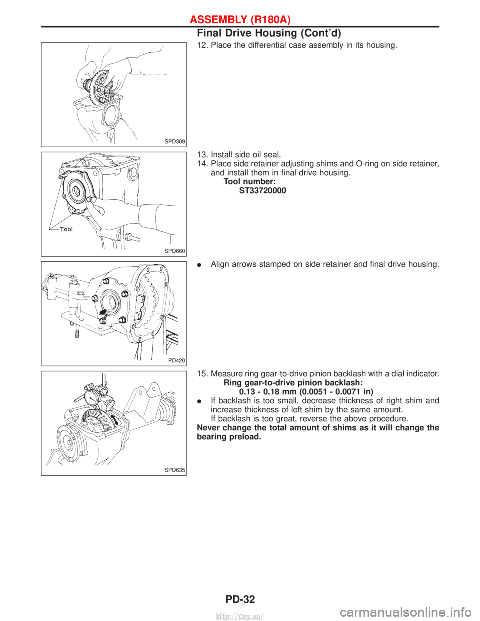 NISSAN TERRANO 2004  Service Repair Manual 12. Place the differential case assembly in its housing.
13. Install side oil seal.
14. Place side retainer adjusting shims and O-ring on side retainer,and install them in final drive housing.Tool num