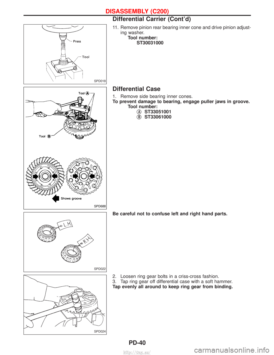 NISSAN TERRANO 2004  Service Repair Manual 11. Remove pinion rear bearing inner cone and drive pinion adjust-ing washer.Tool number: ST30031000
Differential Case
1. Remove side bearing inner cones.
To prevent damage to bearing, engage puller j