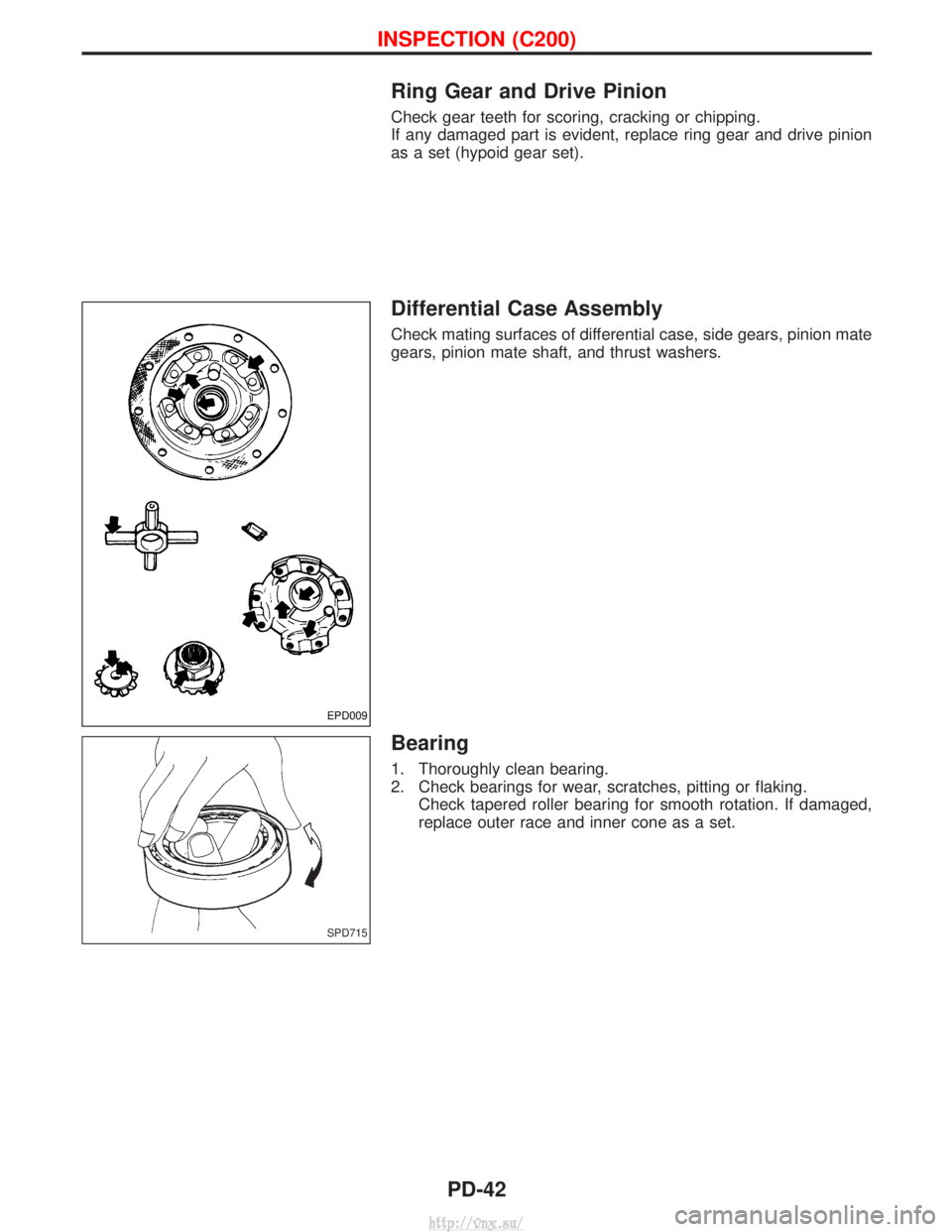 NISSAN TERRANO 2004  Service Repair Manual Ring Gear and Drive Pinion
Check gear teeth for scoring, cracking or chipping.
If any damaged part is evident, replace ring gear and drive pinion
as a set (hypoid gear set).
Differential Case Assembly