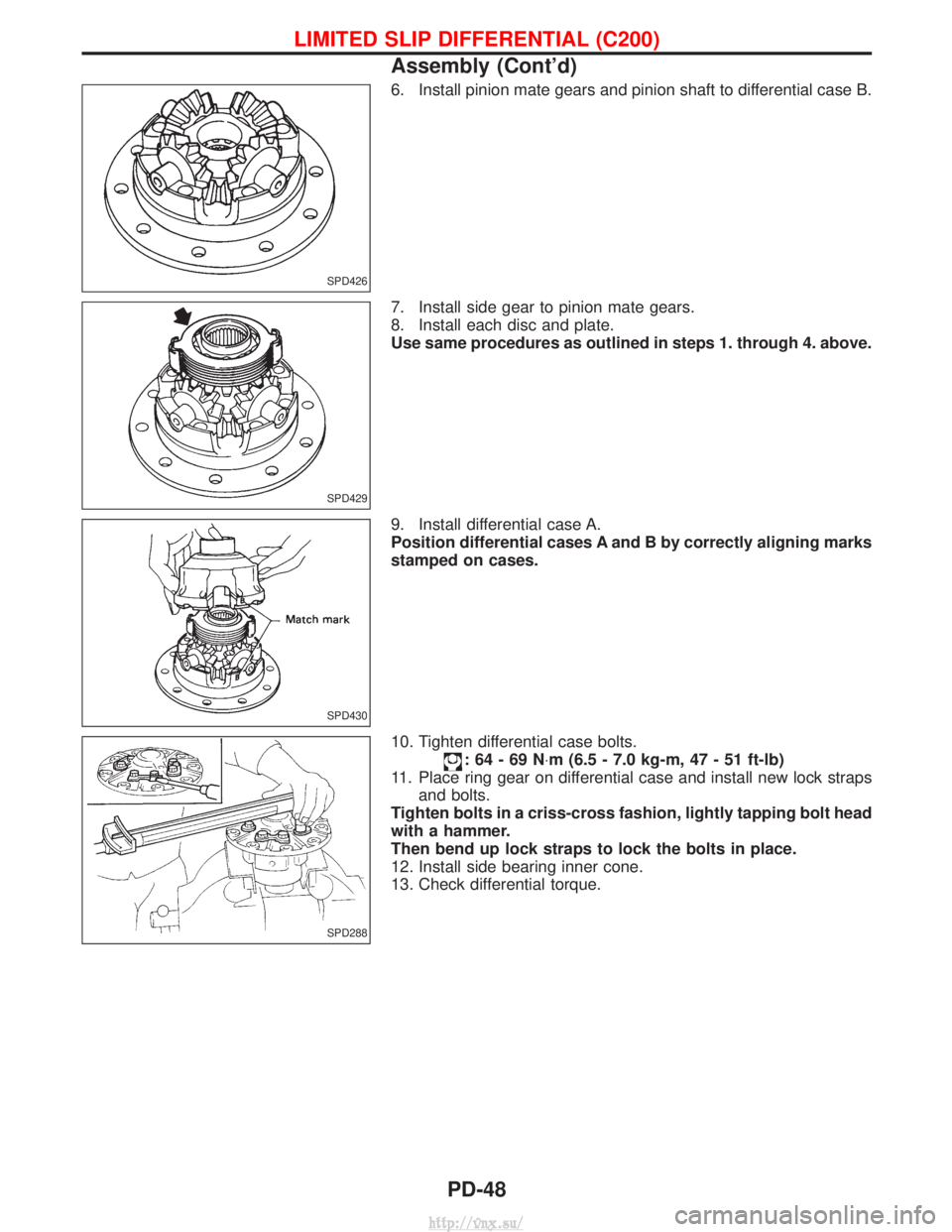 NISSAN TERRANO 2004  Service Repair Manual 6. Install pinion mate gears and pinion shaft to differential case B.
7. Install side gear to pinion mate gears.
8. Install each disc and plate.
Use same procedures as outlined in steps 1. through 4. 