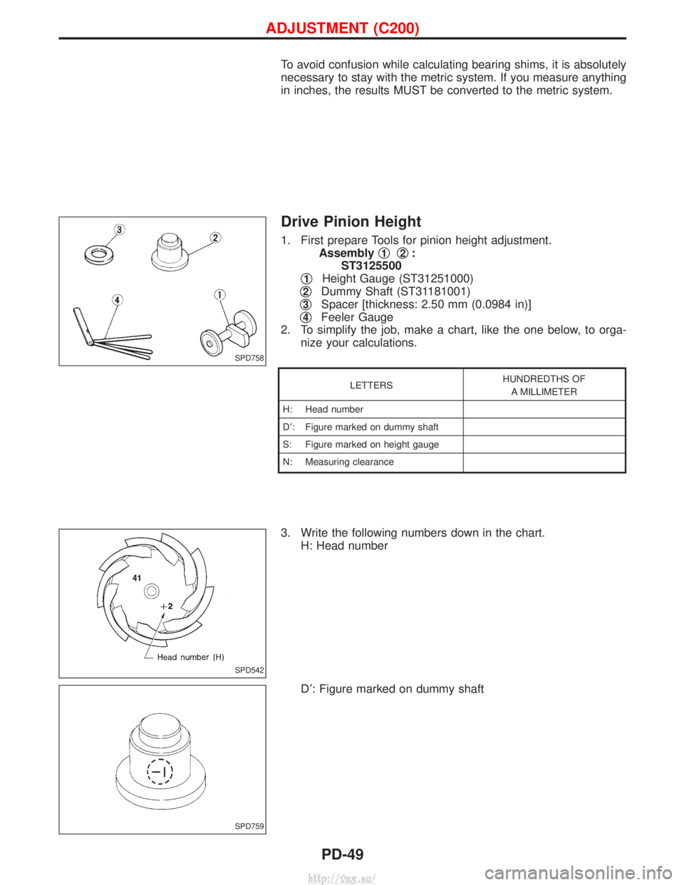 NISSAN TERRANO 2004  Service Repair Manual To avoid confusion while calculating bearing shims, it is absolutely
necessary to stay with the metric system. If you measure anything
in inches, the results MUST be converted to the metric system.
Dr