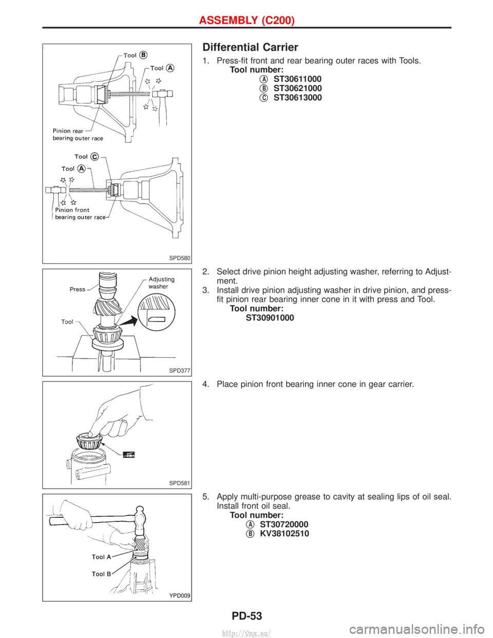 NISSAN TERRANO 2004 Service Repair Manual Differential Carrier
1. Press-fit front and rear bearing outer races with Tools.Tool number: q
AST30611000
q
BST30621000
q
CST30613000
2. Select drive pinion height adjusting washer, referring to Adju NISSAN TERRANO 2004 Service Repair Manual Differential Carrier
1. Press-fit front and rear bearing outer races with Tools.Tool number: q
AST30611000
q
BST30621000
q
CST30613000
2. Select drive pinion height adjusting washer, referring to Adju