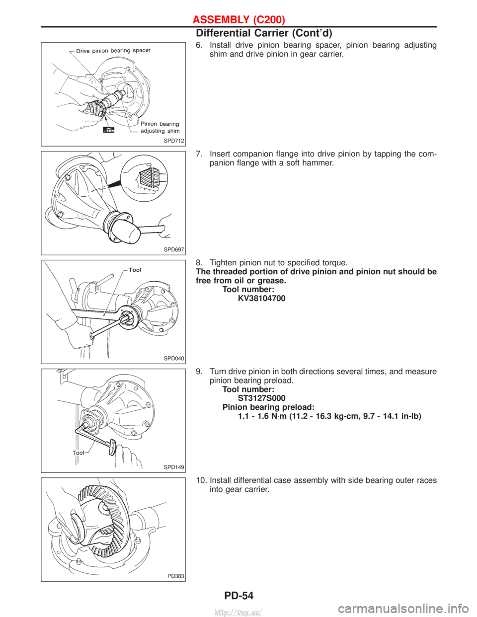 NISSAN TERRANO 2004 Service Repair Manual 6. Install drive pinion bearing spacer, pinion bearing adjustingshim and drive pinion in gear carrier.
7. Insert companion flange into drive pinion by tapping the com- panion flange with a soft hammer NISSAN TERRANO 2004 Service Repair Manual 6. Install drive pinion bearing spacer, pinion bearing adjustingshim and drive pinion in gear carrier.
7. Insert companion flange into drive pinion by tapping the com- panion flange with a soft hammer