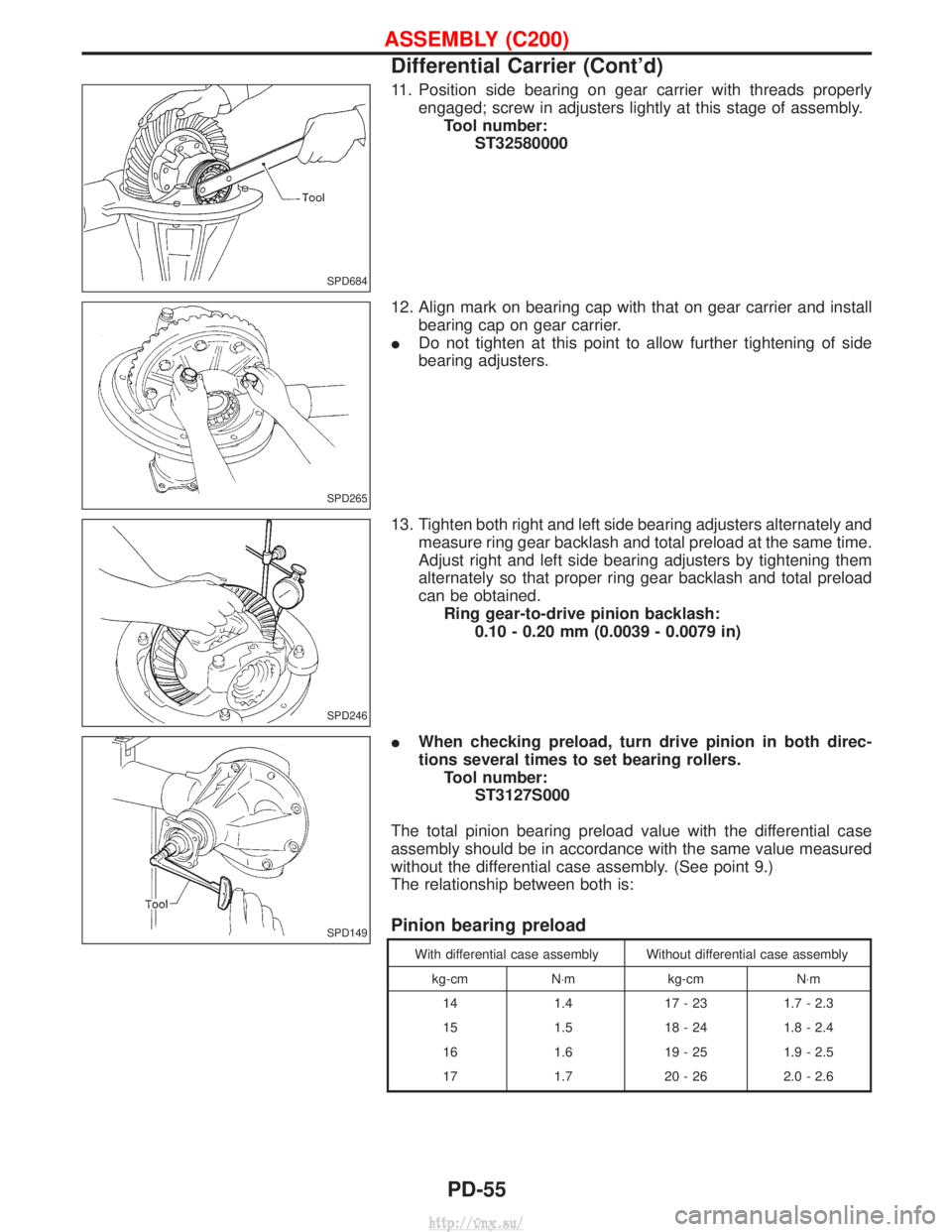 NISSAN TERRANO 2004 Service Repair Manual 11. Position side bearing on gear carrier with threads properlyengaged; screw in adjusters lightly at this stage of assembly.Tool number: ST32580000
12. Align mark on bearing cap with that on gear car NISSAN TERRANO 2004 Service Repair Manual 11. Position side bearing on gear carrier with threads properlyengaged; screw in adjusters lightly at this stage of assembly.Tool number: ST32580000
12. Align mark on bearing cap with that on gear car